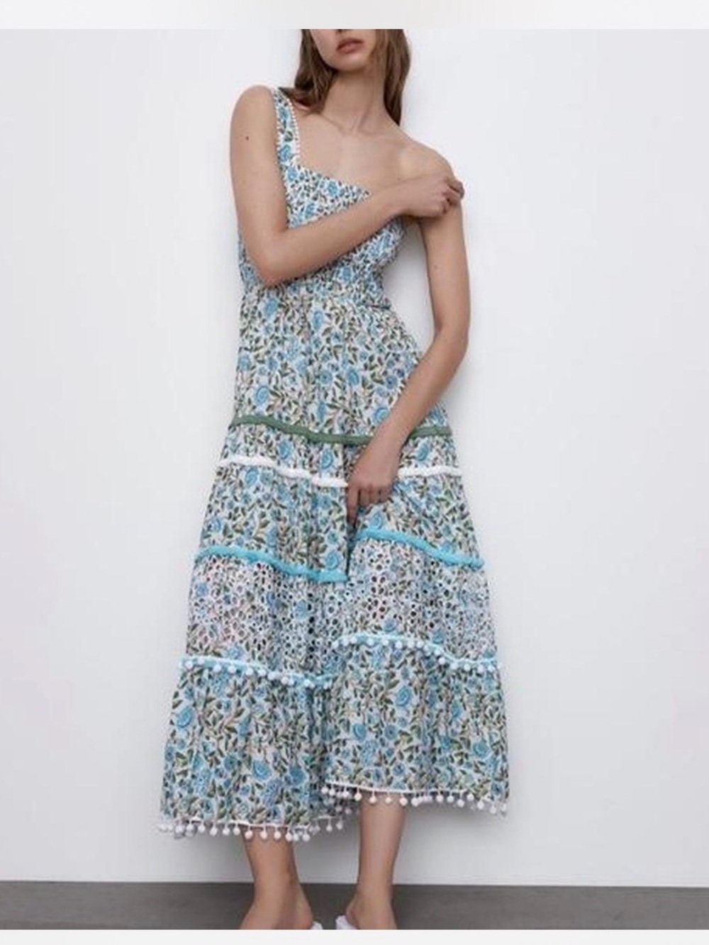 Zara Floral Smocked Tiered Maxi Dress with Pom Pom Trim | Size Medium